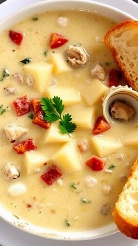 A bowl of clam chowder with potatoes and bacon, garnished with parsley on a rustic table with a slice of bread.